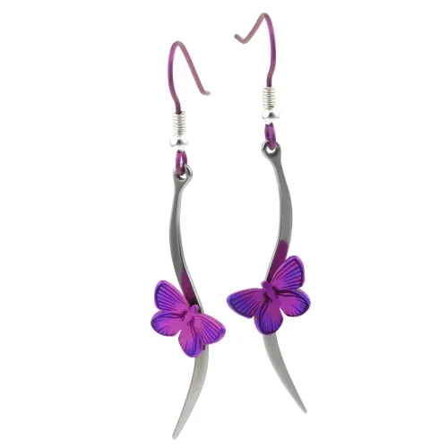 Titanium Pink Butterfly Stem Drop Earrings